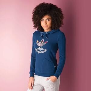 Adidas Originals Womens Hoodie Sz L Navy Blue Paris Slim Sweatshirt Pockets‎